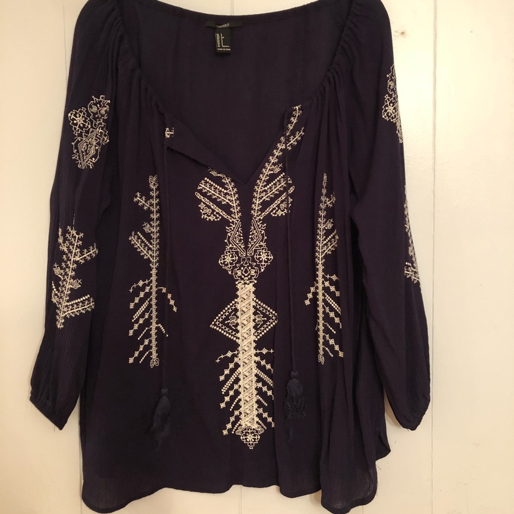 Flowing dark navy blue embroidered long shirt